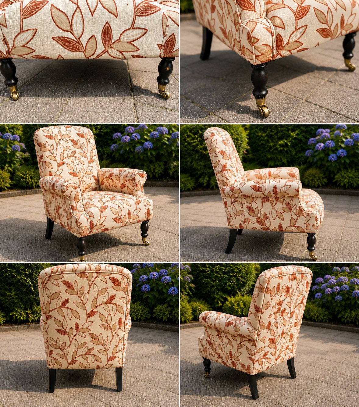 Vintage fauteuil met bladmotief en wieltjes, Huis en Inrichting, Fauteuils, Ophalen, 75 tot 100 cm, Zo goed als nieuw, Stof