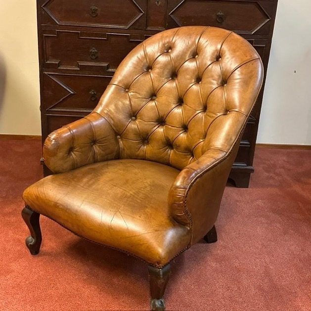 origineel Engelse Chesterfield fauteuil, Ophalen, Chesterfield Engels klassiek vintage, Minder dan 75 cm, Leer