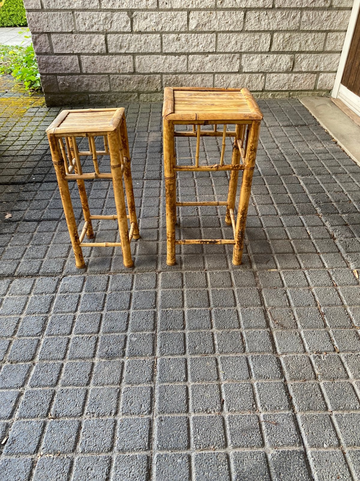 Bonsai Bamboe plantenstandaards - set van 2 bijzettafeltjes, Minder dan 45 cm, Minder dan 55 cm, Gebruikt, Vierkant