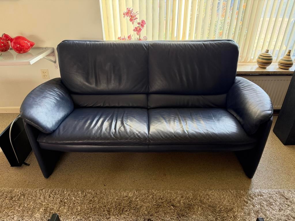 Leolux Bora Bèta 2,5 zits blauw leren bank, Ophalen, Gebruikt, 150 tot 200 cm, Driepersoons