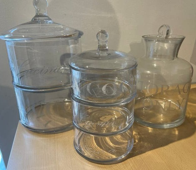 Glazen stapelbare opbergpotten, Glas, Ophalen of Verzenden, Gebruikt, Met deksel