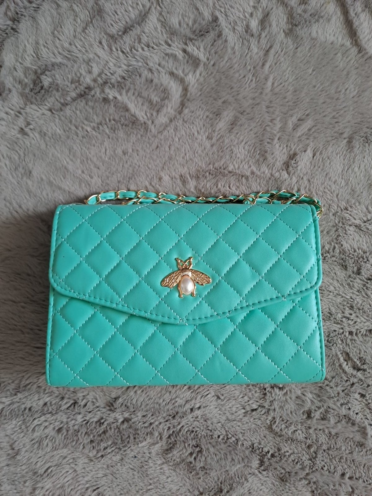 Turquoise schoudertasje met bijen-detail, Ophalen, Zo goed als nieuw, Overige kleuren, Schoudertasje