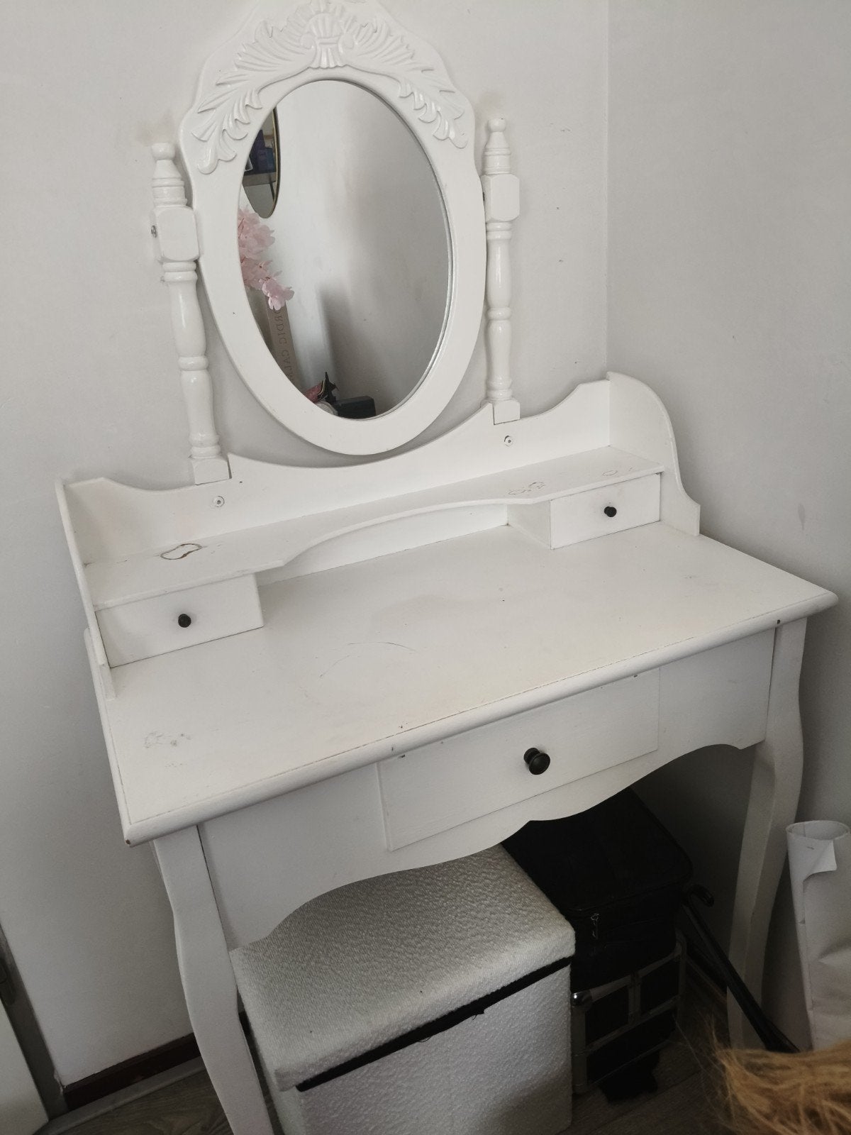 Witte kaptafel met spiegel en lades, Huis en Inrichting, Ophalen, Gebruikt, 50 tot 100 cm, Hout