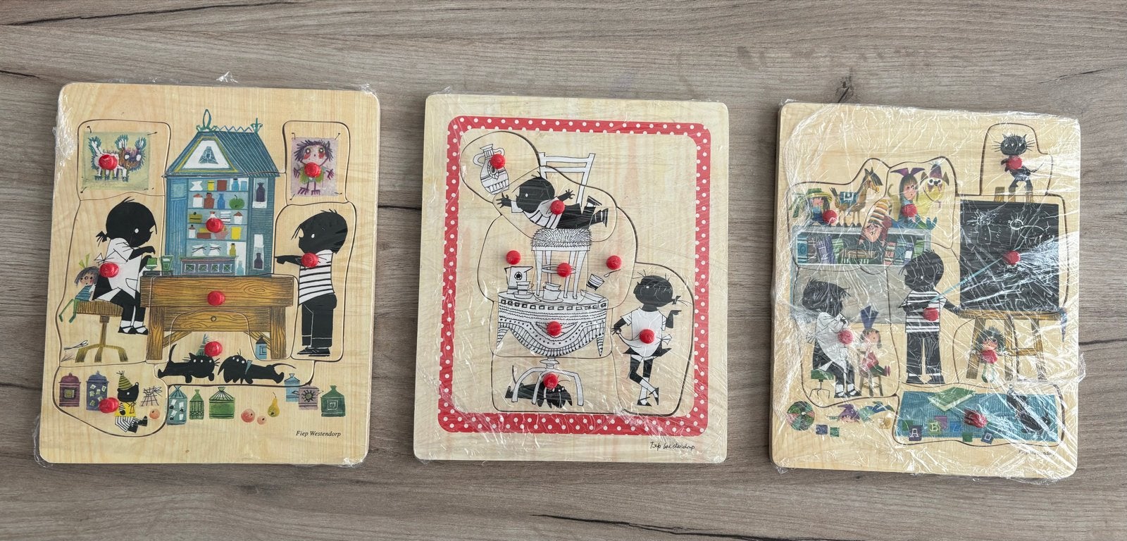 Houten kinderpuzzels met knoppen Jip en Janneke, Ophalen of Verzenden, Zo goed als nieuw, Van hout, Minder dan 10 stukjes