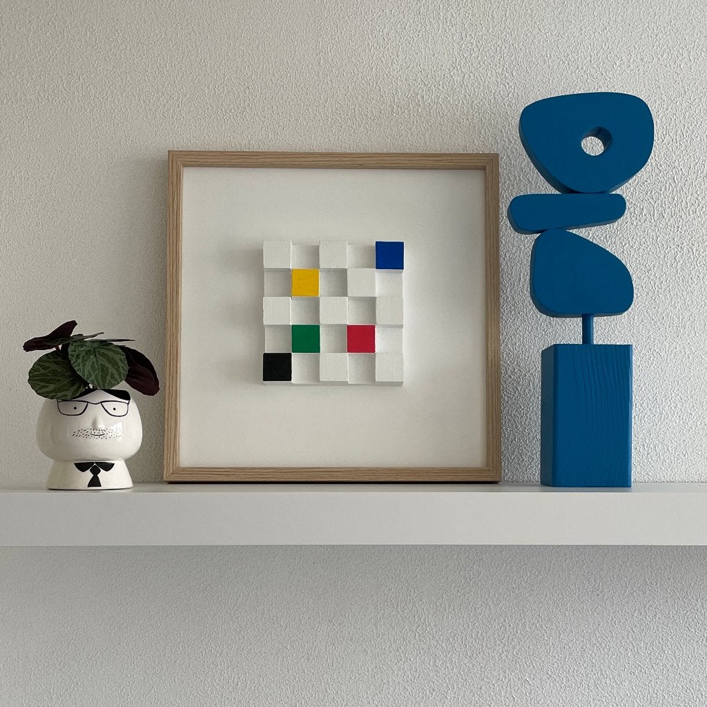 Schilderij van blokken uit oude blokkendoos - recycling., Minder dan 50 cm, Oorspronkelijke maker, Nieuw, Ophalen of Verzenden