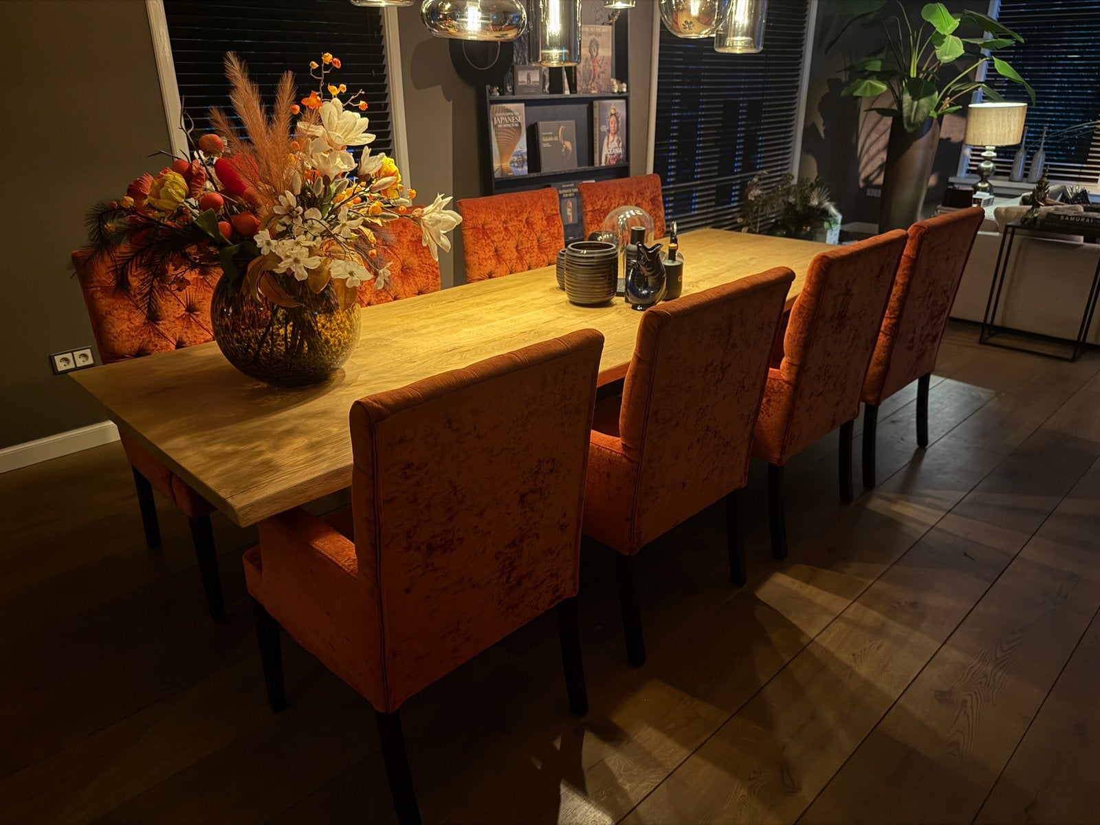 Eetkamerset | 300cm Massief Eiken | 8 Luxe Velvet Stoelen”, Ophalen of Verzenden, Zo goed als nieuw, Rechthoekig, 200 cm of meer