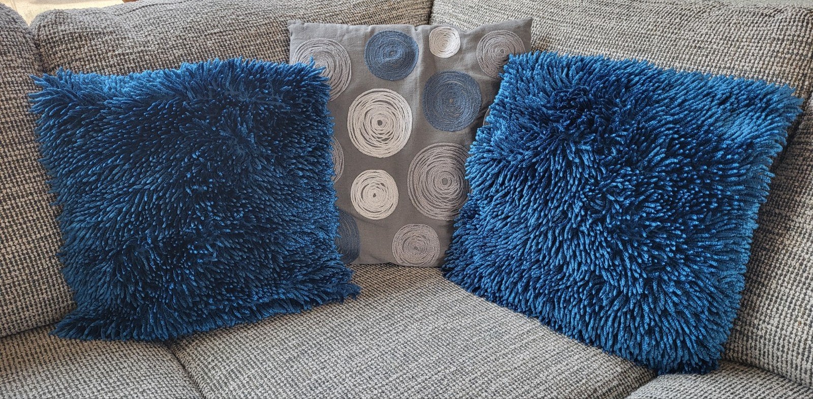 Set van 3 sierkussens - Blauw/Grijs - 40x40 cm, Gebruikt, Meerkleurig, Vierkant, Ophalen of Verzenden
