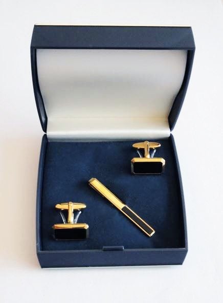 Manchetknopen + Dasspeld Goud Kleurig Onyx, Sieraden, Tassen en Uiterlijk, Manchetknopen, Verzenden, Zo goed als nieuw, Overige materialen