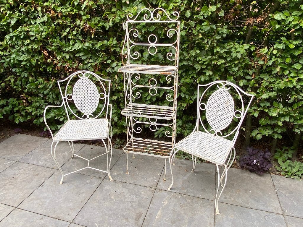 Witte Brocante Smeedijzeren Tuinset met Kussens & Plantenrek, Antiek en Kunst, Ophalen
