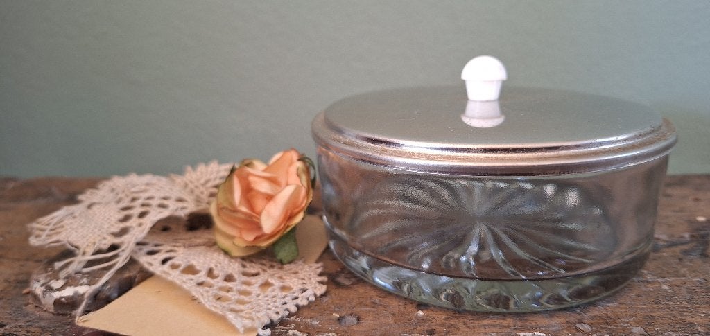 Vintage wattendoosje, Boudoir, glas metaal, Ophalen of Verzenden