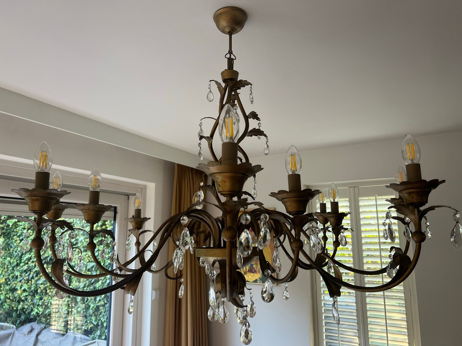 Bronzen Kroonluchter, 12 Armen en LED Lampjes, Gebruikt, E14 (klein), Metaal, Ophalen