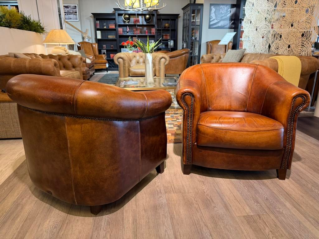 2 x schapenleren clubfauteuils cognac bruin Joris Design, Huis en Inrichting, Ophalen of Verzenden, Gebruikt, 75 tot 100 cm