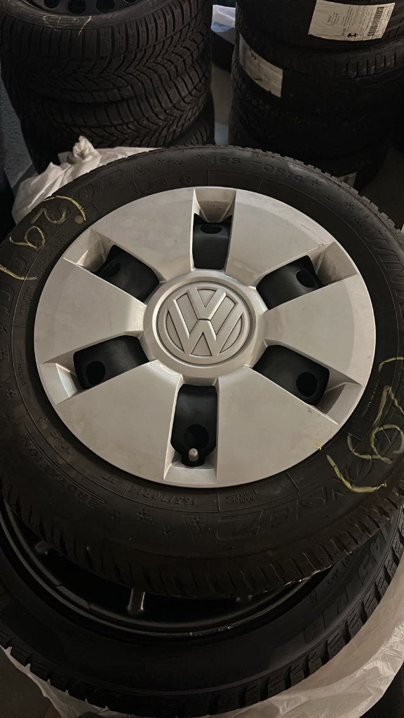 Set originele VW stalen velgen winterbanden 14 inch, 4x100, Ophalen, 14 inch, Gebruikt, Banden en Velgen