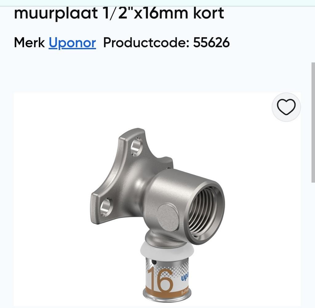 Uponor muurplaat 1/2"x16mm kort, Ophalen of Verzenden, Nieuw, Overige typen