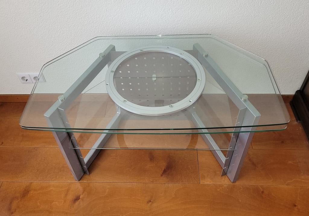 Glazen TV-tafel met aluminium frame. Hoek of Draaibaar, Ophalen, Gebruikt, Modern, Functioneel, 50 tot 100 cm