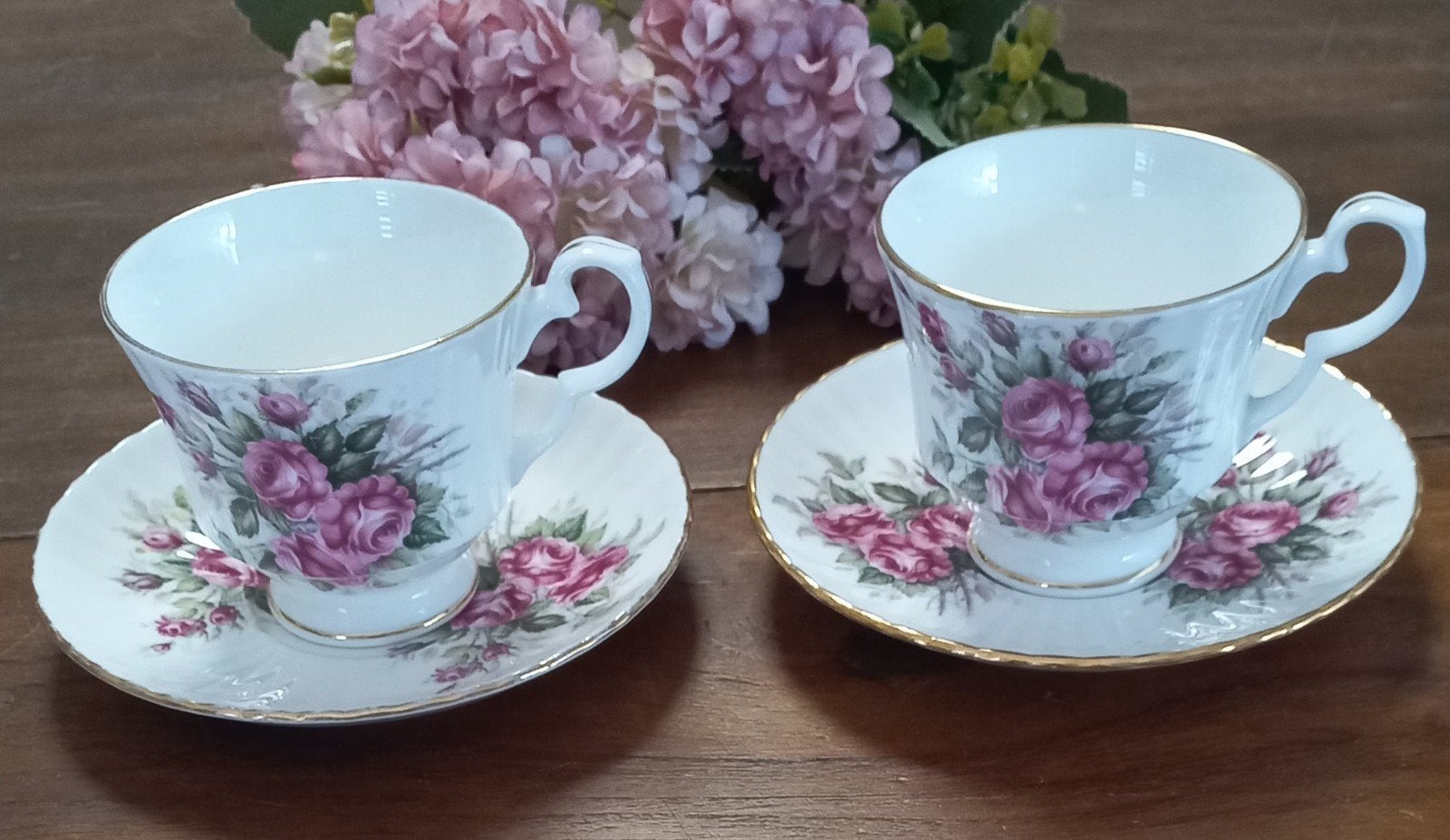 Set van 2 Engelse kop en schotel, roze roos, Royal Windsor, Ophalen of Verzenden