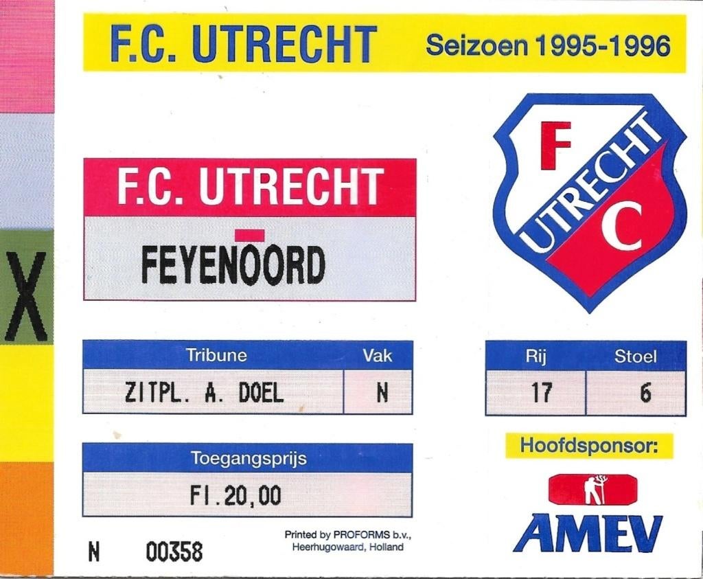 1995-09-17 FC Utrecht - Feyenoord entree bewijs, Verzenden, Zo goed als nieuw, Feyenoord