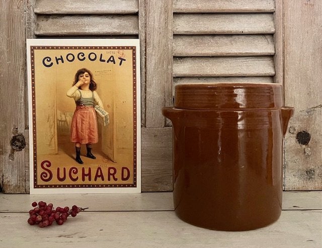 Vintage Franse grès pot olijven pot met deksel bruin glazuur, Ophalen of Verzenden