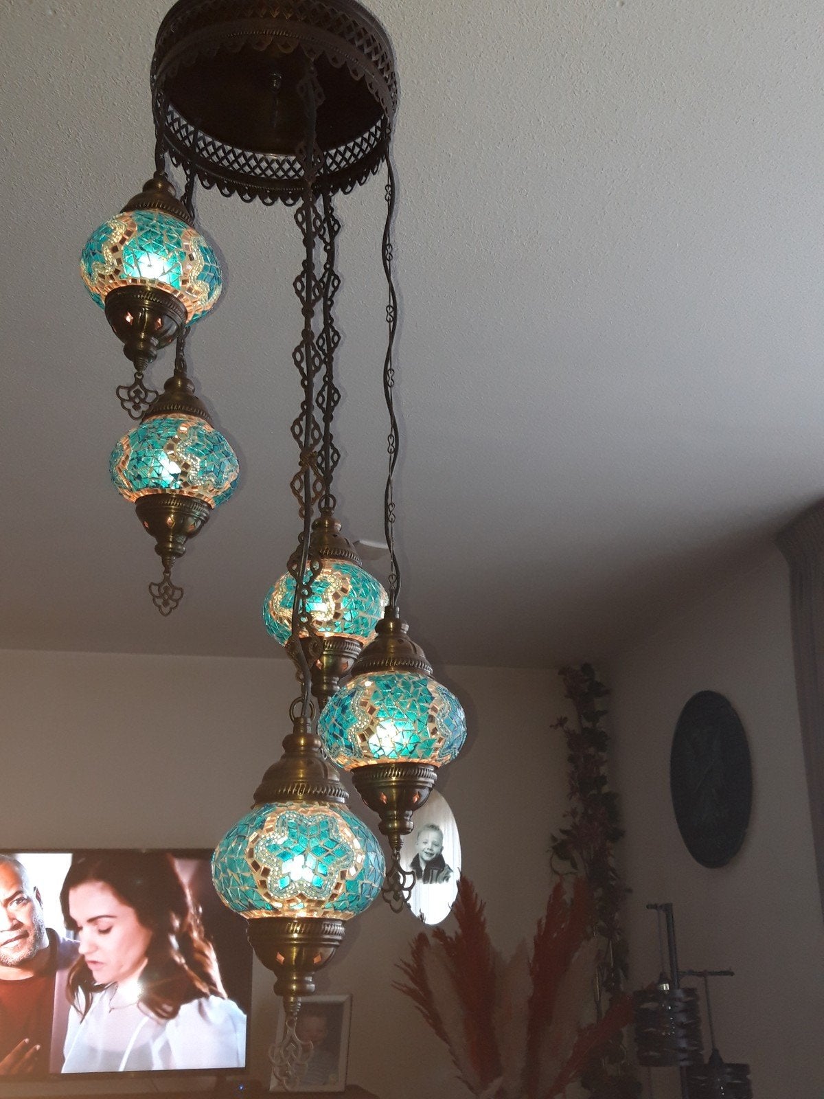 Turkse Mozaïek Hanglamp - 5 bollen, Ophalen, E14 (klein), Zo goed als nieuw, Glas