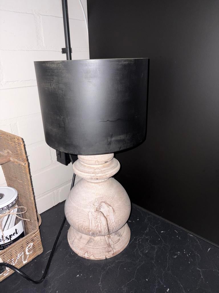 Baluster lamp met houten voet en metalen kap, Huis en Inrichting, Ophalen, 50 tot 75 cm, Sober/landelijk, Zo goed als nieuw