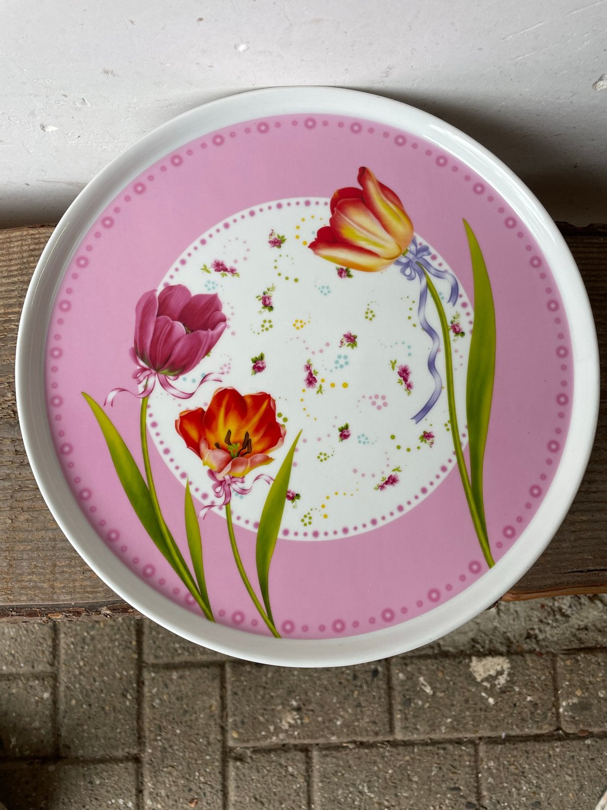 Taartplateau met tulpenprint - Roze en wit, Ophalen, Gebruikt, Keramiek, Overige typen