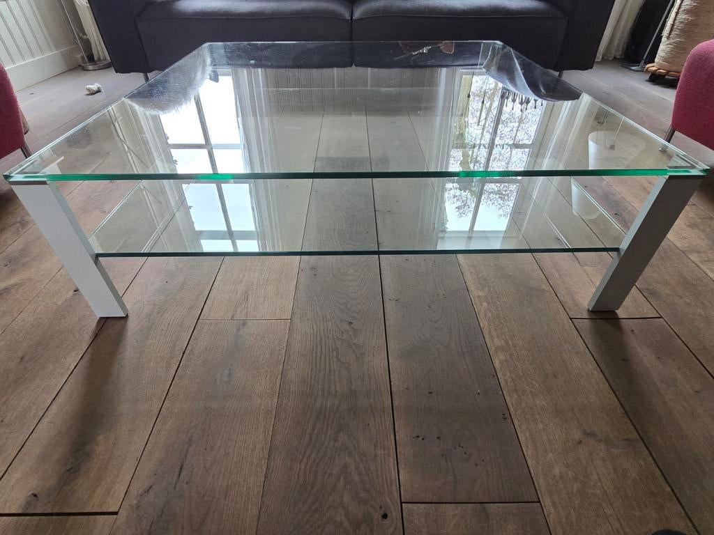 Lourens Fisher glazen salontafel 120x120 cm, Gebruikt, Vierkant, Glas, Minder dan 50 cm