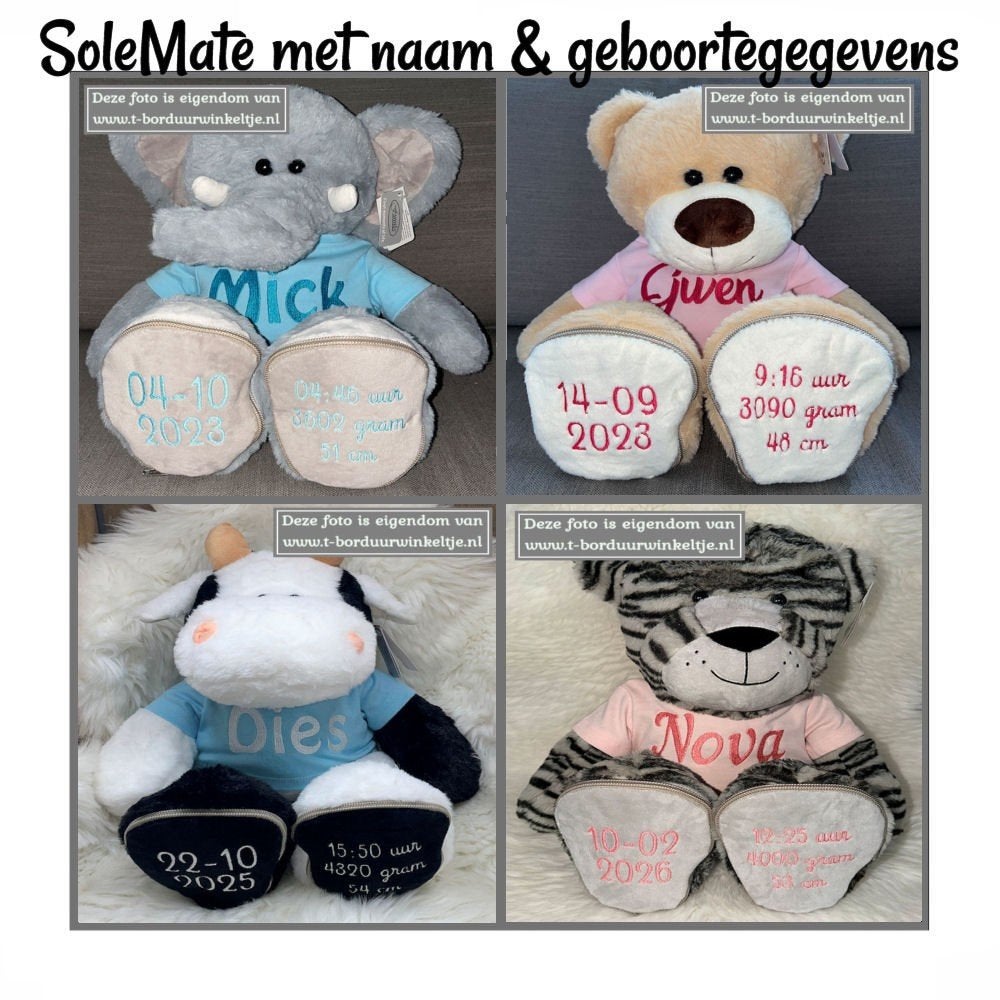 SoleMate knuffel geborduurd met naam & geboortegegevens, Ophalen of Verzenden, Nieuw, Kraamcadeau