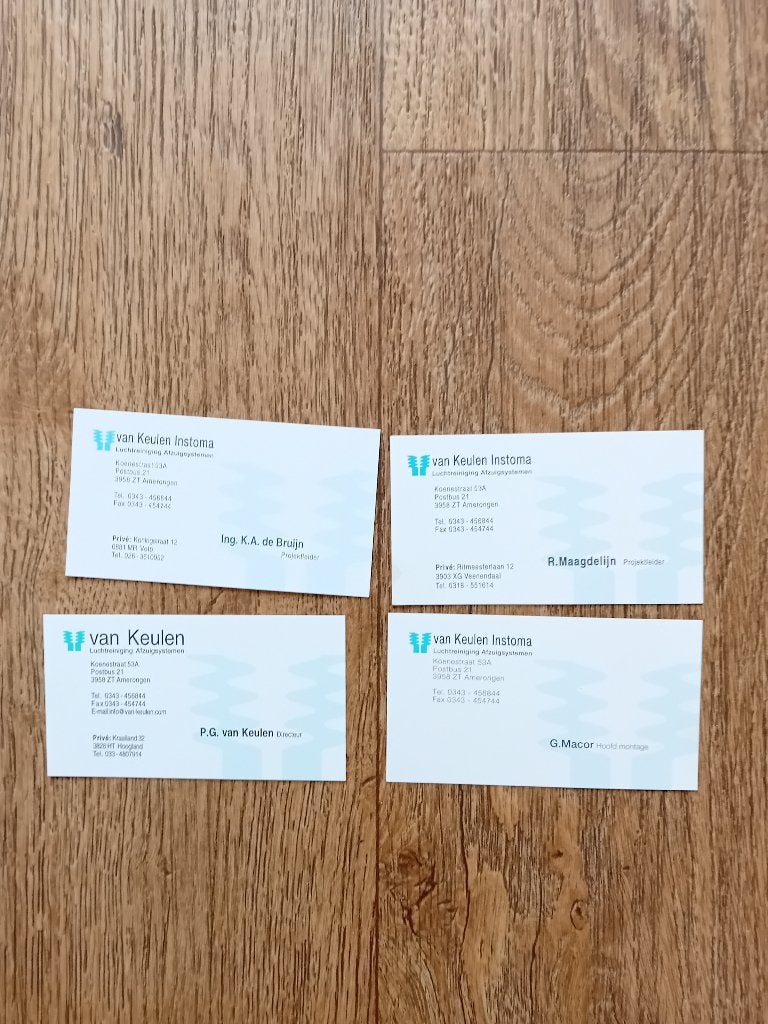 4 Visitekaartjes - Van Keulen Instoma - Amerongen, Ophalen of Verzenden, 2000 tot heden, Visitekaartje