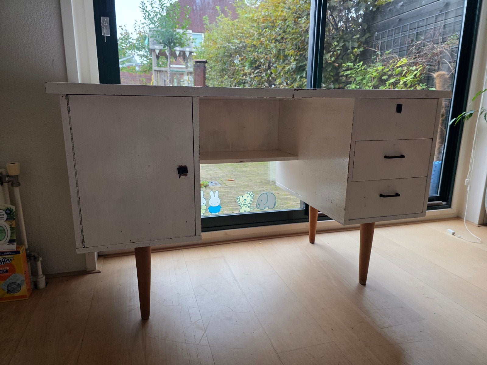 Vintage wit bureau met lades en opbergruimte met sleutel, Ophalen, Gebruikt, Hout, Vintage
