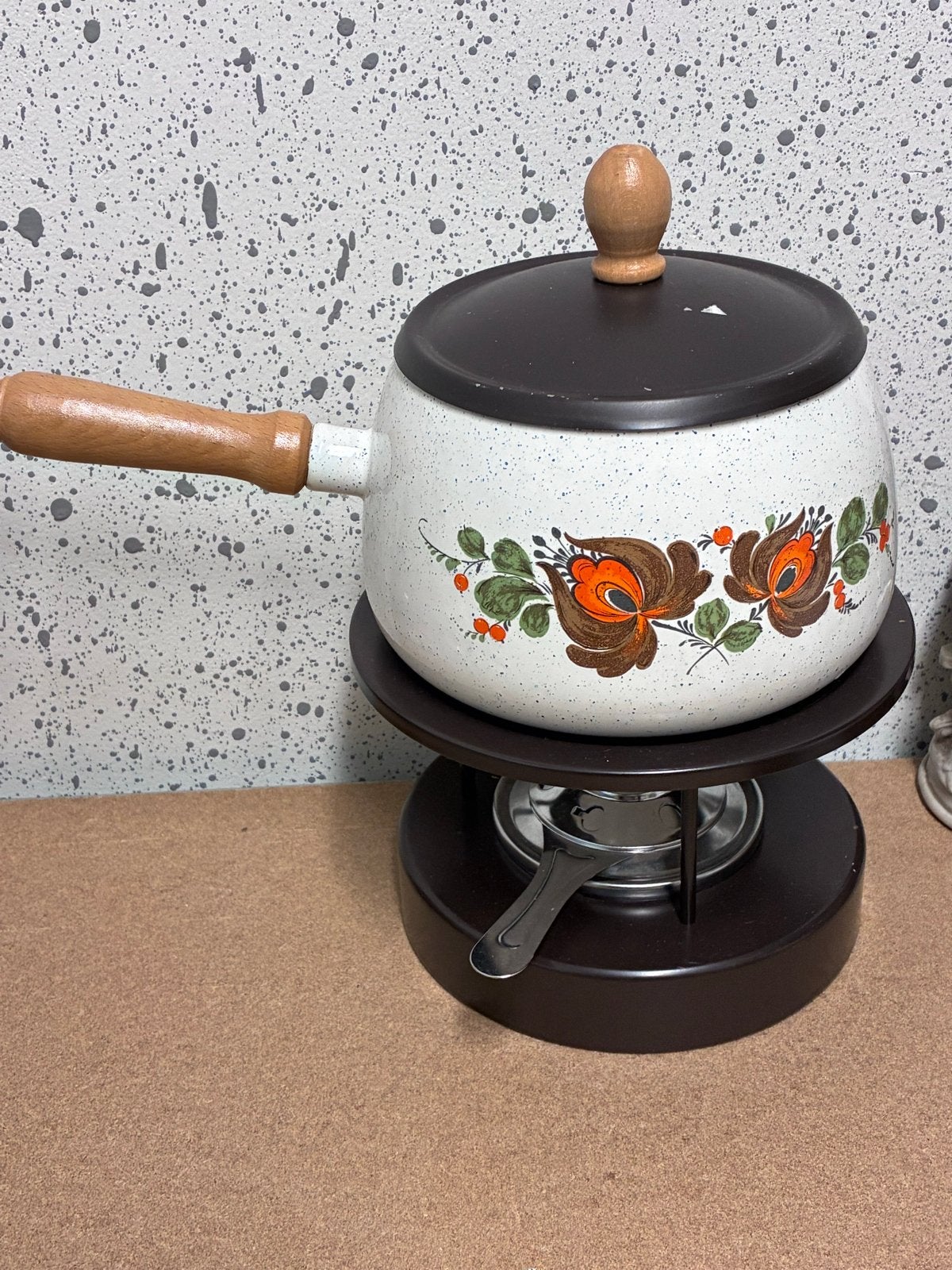 Vintage Fonduepan met Bloemenprint en Brander, Ophalen of Verzenden, Gebruikt, Brander, Fonduepan