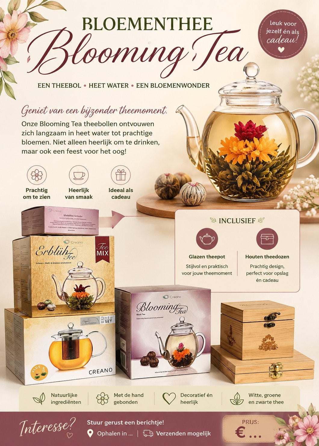 Blooming Tea Theepot met Theebollen en Houten Theedoos, Theepot/fluitketel, Glas, Nieuw, Ophalen of Verzenden