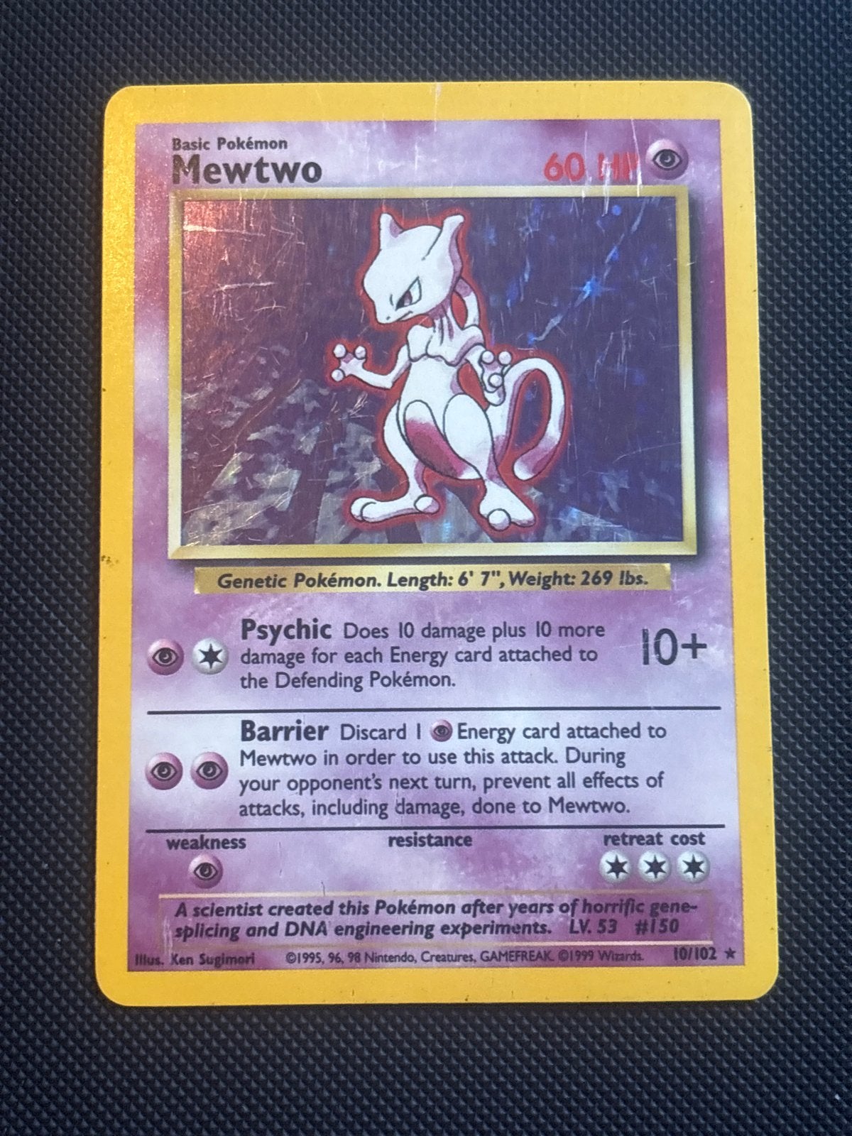 Mewtwo Holo Foil 10/102 Base Set Pokémon Kaart, Ophalen of Verzenden, Gebruikt, Losse kaart, Foil