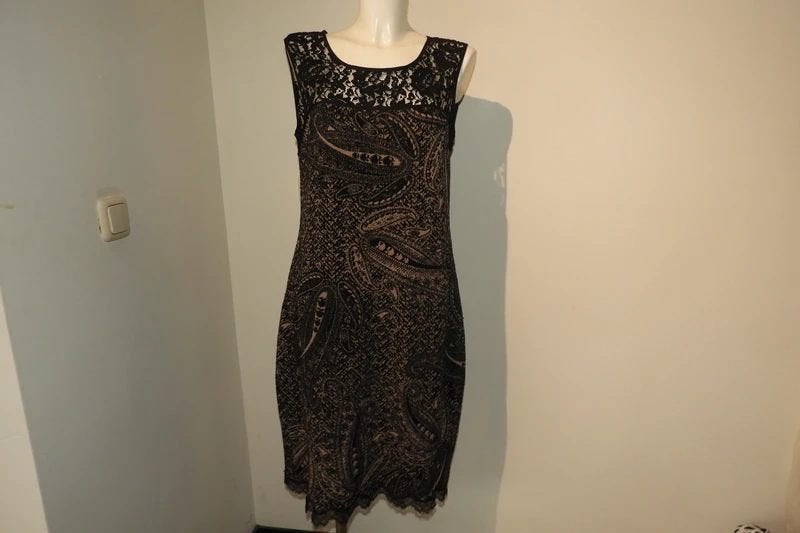 Marccain jurk wol in paisley print bovenkant zwarte kant N5, Kleding | Dames, Maat 42/44 (L), Zo goed als nieuw, Knielengte, Marccain