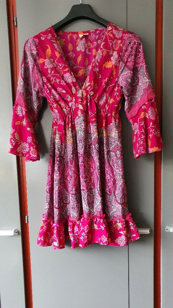 Moda Ibiza boho jurkje fuchsia paisley zomer one size, Maat 38/40 (M), Ophalen of Verzenden, Zo goed als nieuw, Roze