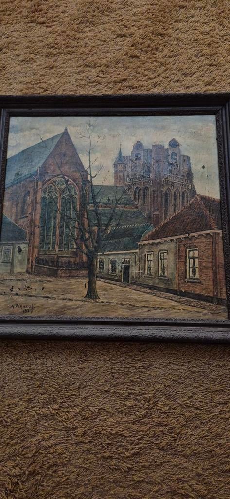 Schilderij A. Verheul uit 1939 - Stadsgezicht met kerk, Antiek en Kunst, Kunst | Schilderijen | Klassiek, Ophalen of Verzenden