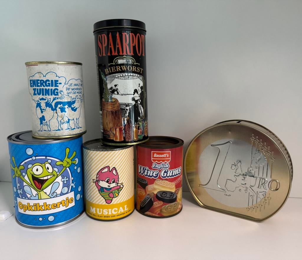 Blikken spaarpotten Kikker kat koe bierworst winegum munt, Ophalen of Verzenden, Zo goed als nieuw, Metaal of Blik, Overige thema's