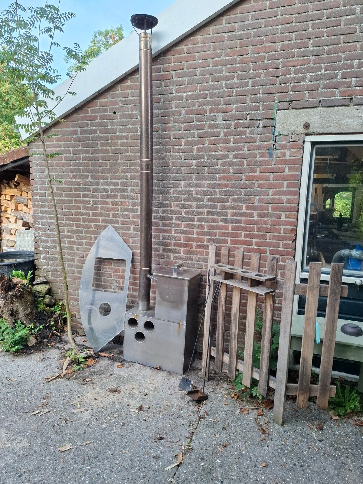RVS Hottub Kachel met Schoorsteen en Eiken Rek, Ophalen, Gebruikt