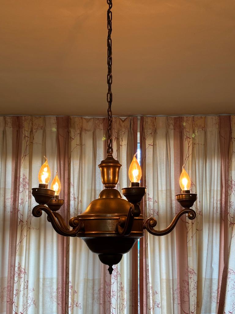 Antieke Bolkroonluchter, 1920-1930, 5 Armen, Huis en Inrichting, Lampen | Kroonluchters, Ophalen of Verzenden, Gebruikt, Metaal