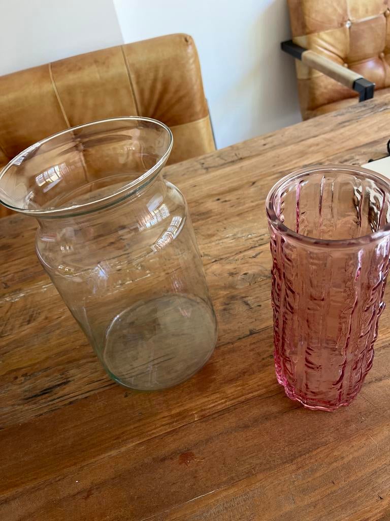 Glazen vazen set: transparant en roze, Ophalen, Overige kleuren, Minder dan 50 cm, Glas