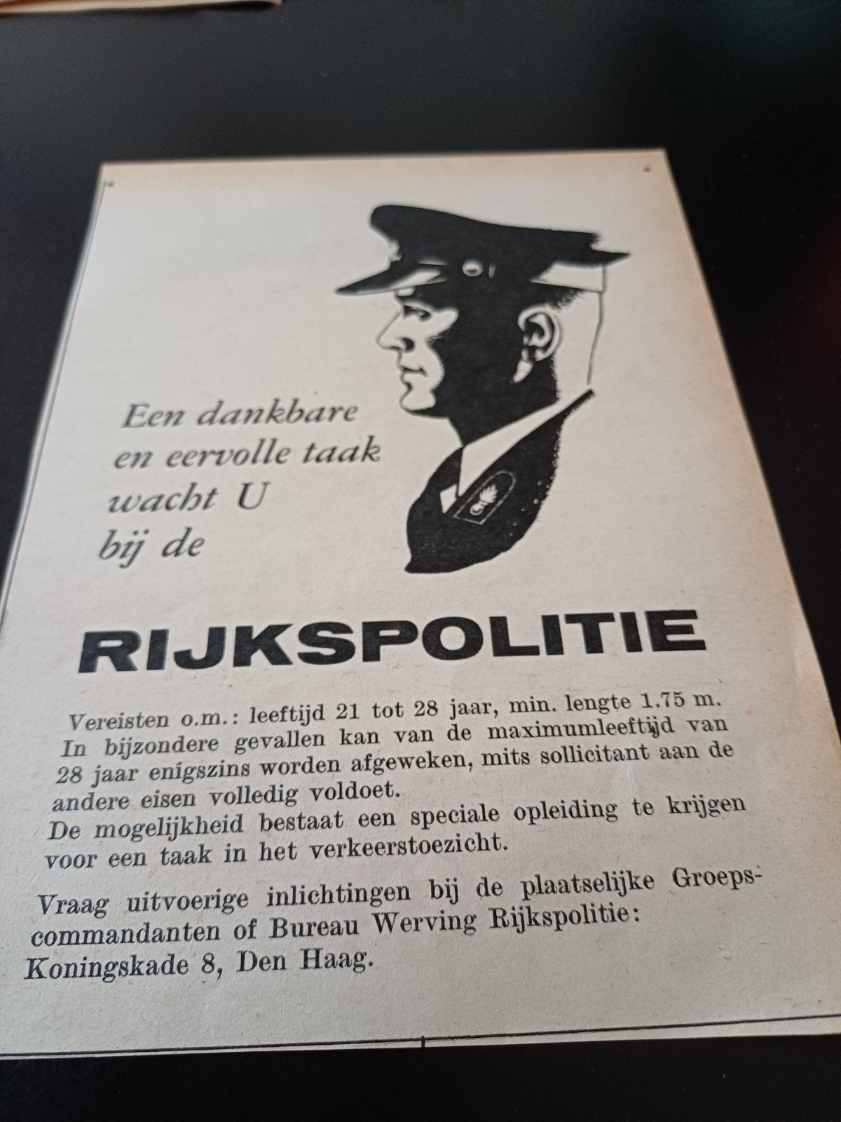 advertentie van de Rijkspolitie 1957, Ophalen of Verzenden, Landmacht, Nederland, Foto of Poster