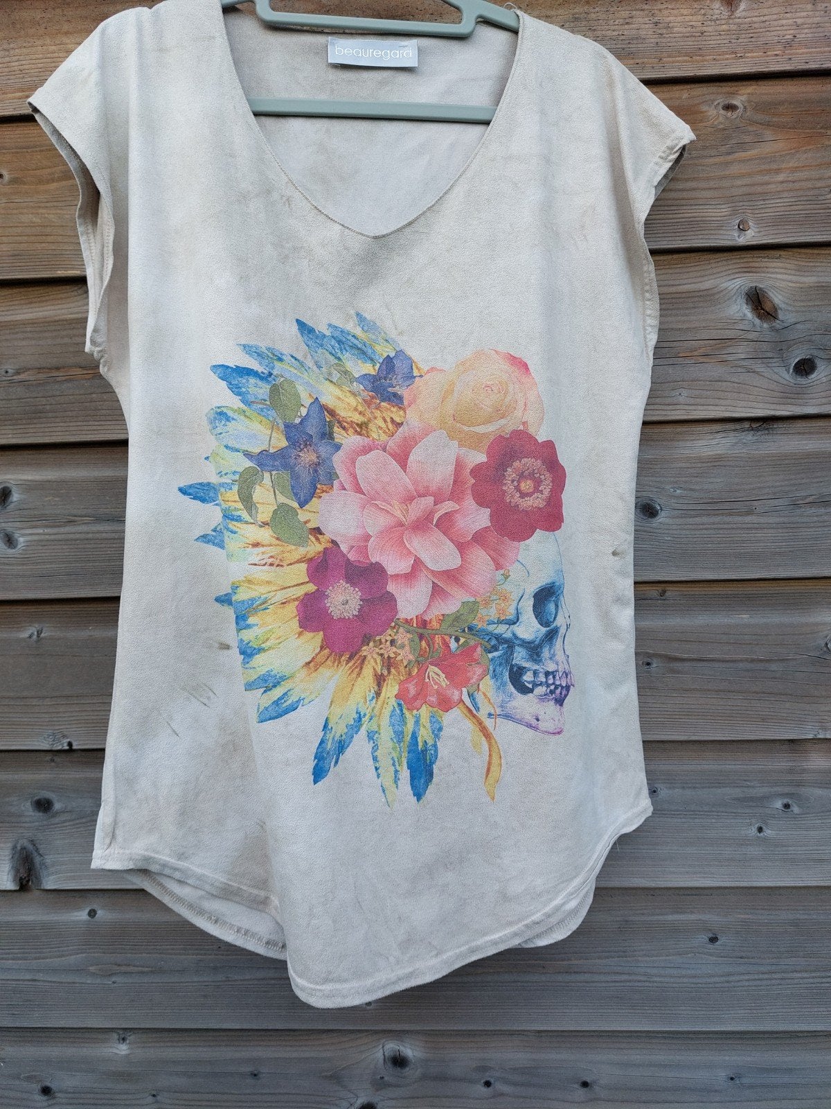 Bewerkt suède shirtje maat SM Beauregard, Kleding | Dames, T-shirts, Verzenden, Zo goed als nieuw, Maat 38/40 (M), Korte mouw