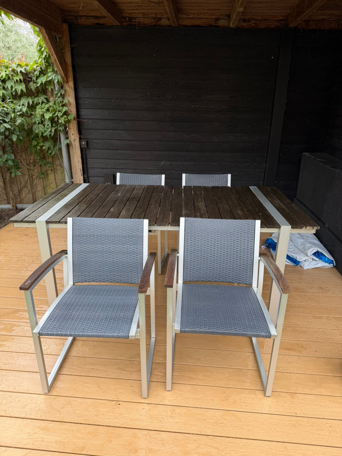 Tuinset eettafel en 4 stoelen TEAK / ALUMINIUM, Ophalen, 4 zitplaatsen, Gebruikt, Eettafel