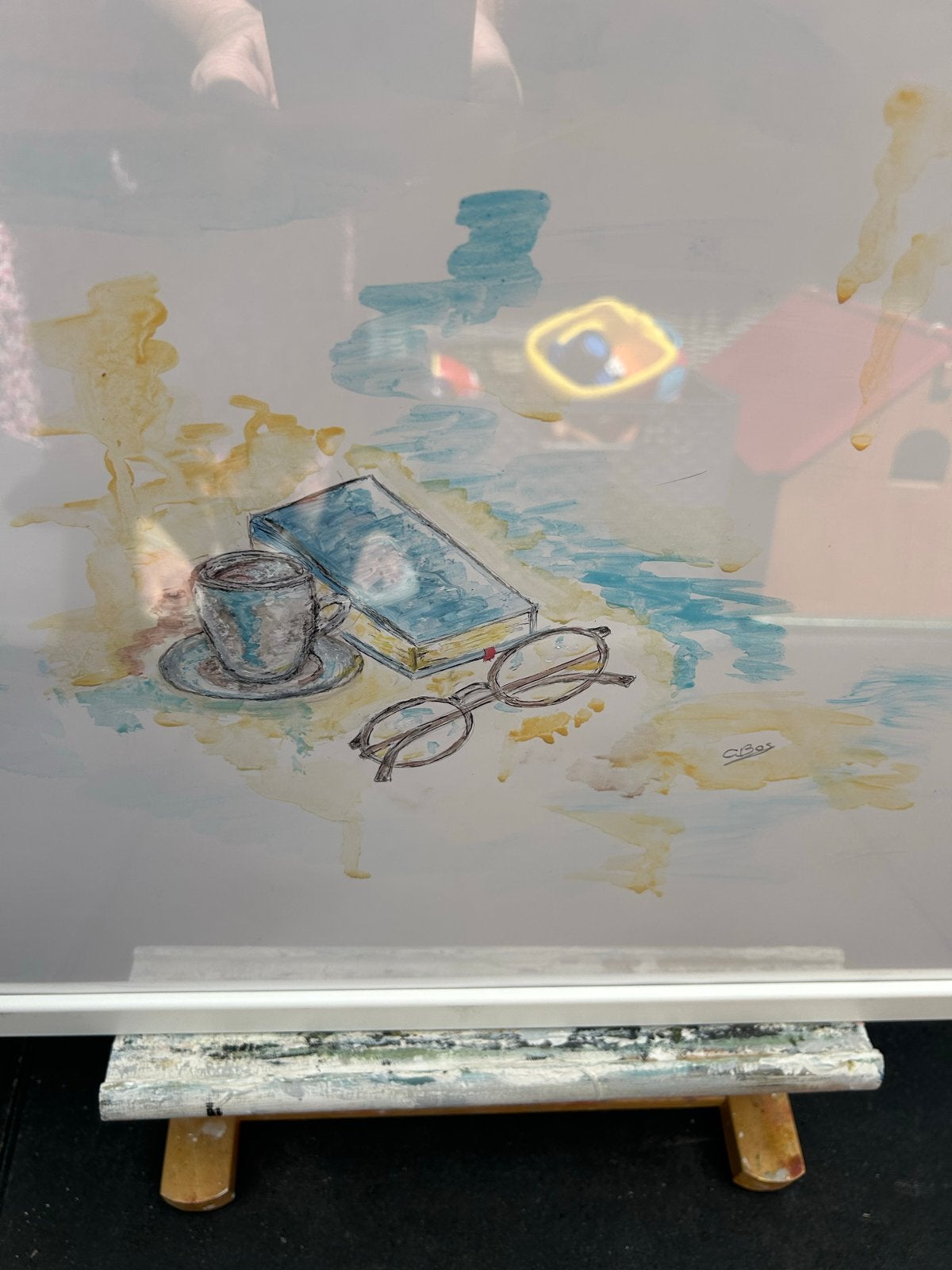Stilleven met boek, bril en kopje - Ingelijst, Antiek en Kunst, Kunst | Schilderijen | Klassiek, Realistisch, Stilleven, Ophalen of Verzenden