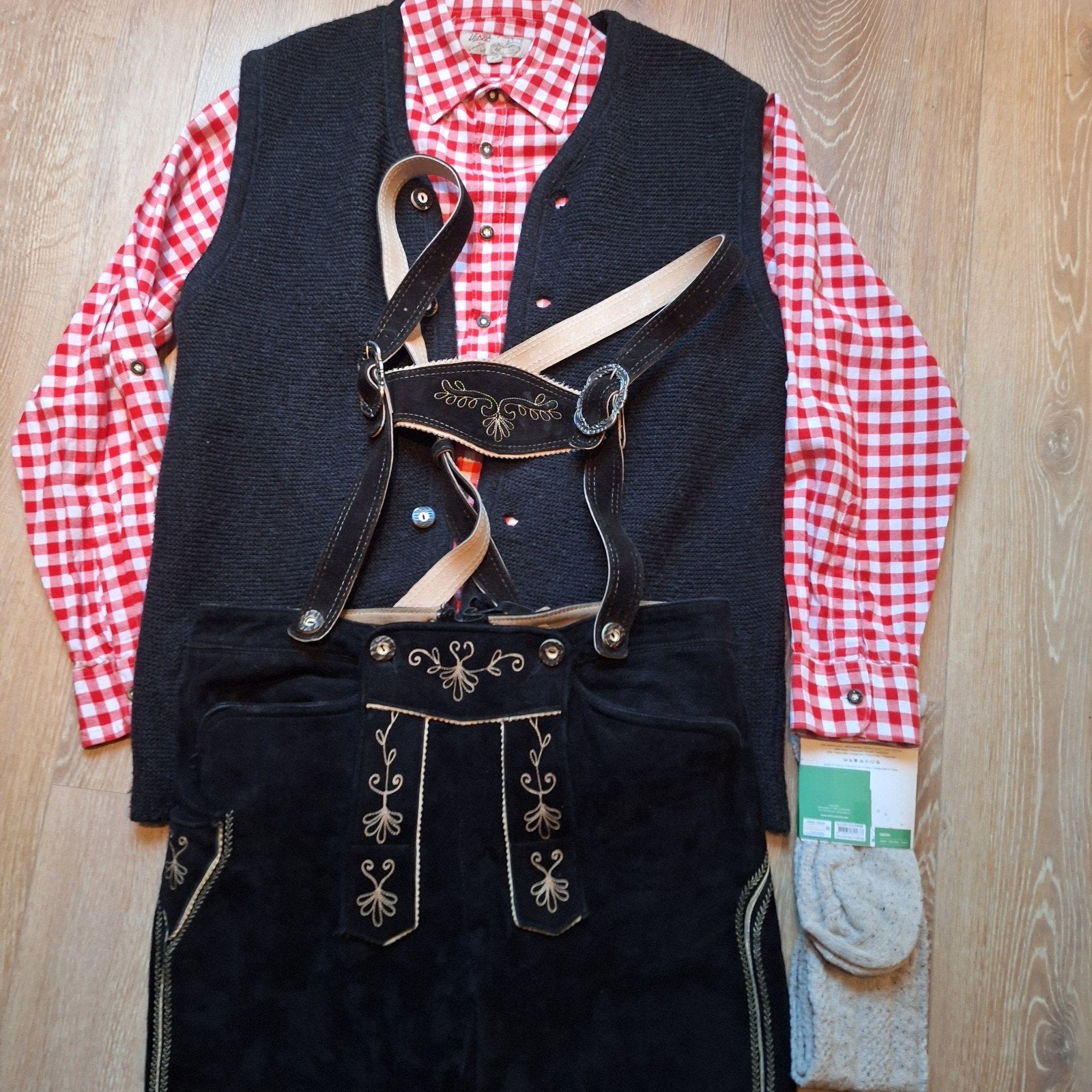Trachten Lederhose 50 vest overhemd kousen oktoberfeest, Ophalen of Verzenden, Gedragen, Maat 48/50 (M)