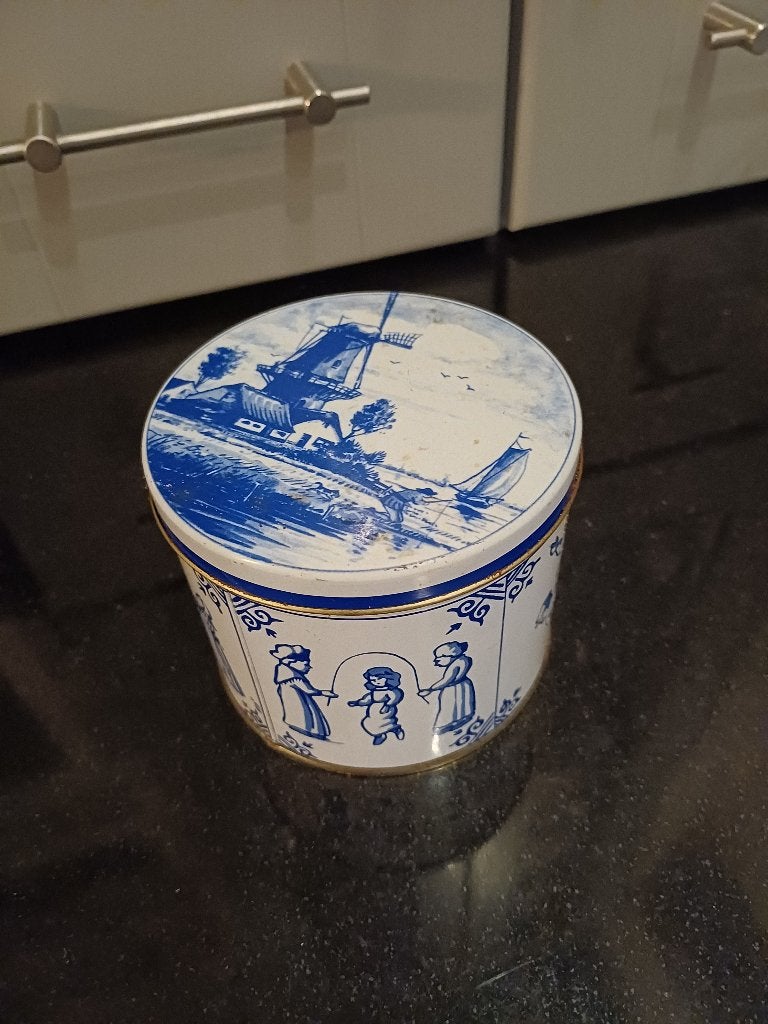 Vintage Blauw Souvenir blik Goudse stroopwafels, Ophalen of Verzenden, Gebruikt, Koek(jes), Overige merken