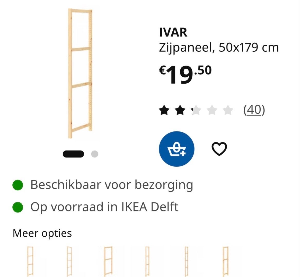IKEA Ivar stellingkast: 2 zijpanelen (50x179) en 4 planken (, Met plank(en), Gebruikt, 25 tot 50 cm, 50 tot 100 cm