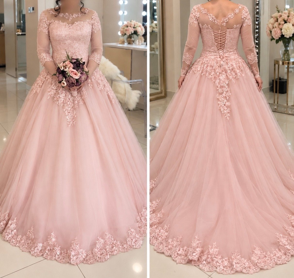 Roze Galajurk/verlovingsjurk met Swarovski en Franse Kant, Ophalen of Verzenden, Zo goed als nieuw, Roze, Trouwjurk