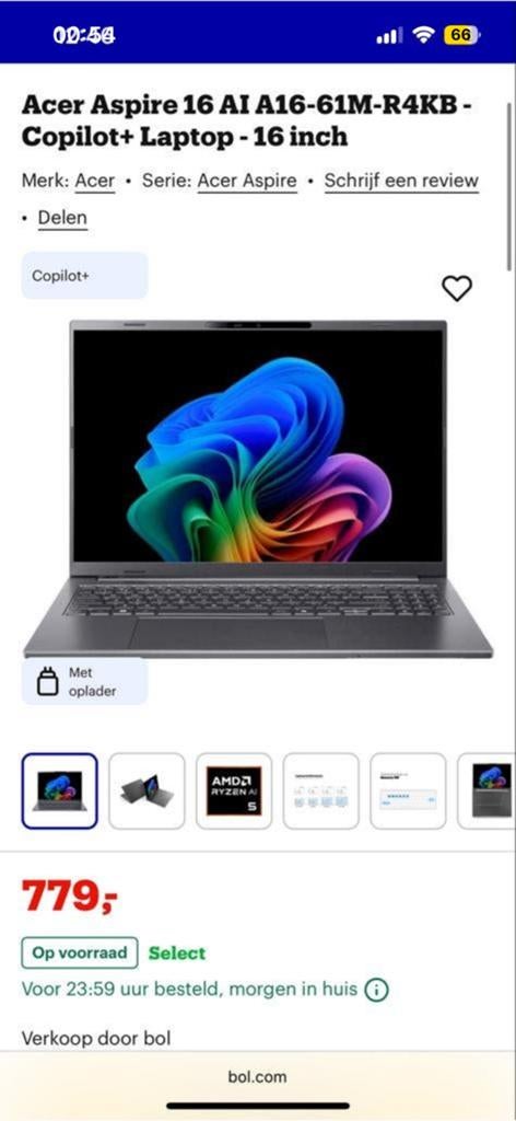Acer Aspire 16 AI gloednieuw, Computers en Software, Windows Laptops, Ophalen of Verzenden, Nieuw, 15 inch, SSD