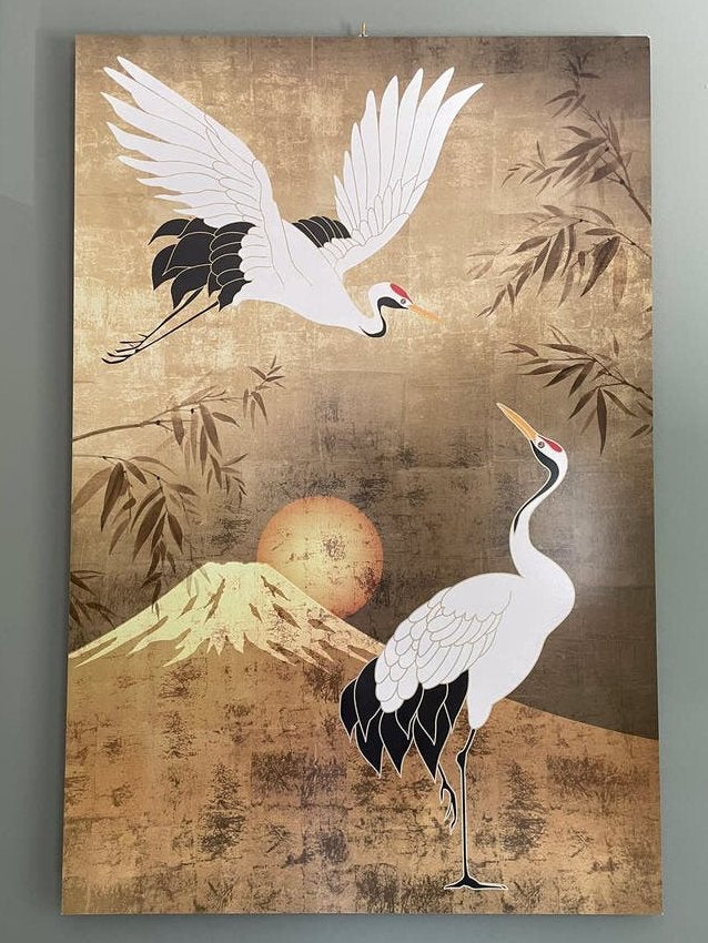 Schilderij kraanvogels 90x60 goudkleurig., Ophalen of Verzenden, Zo goed als nieuw