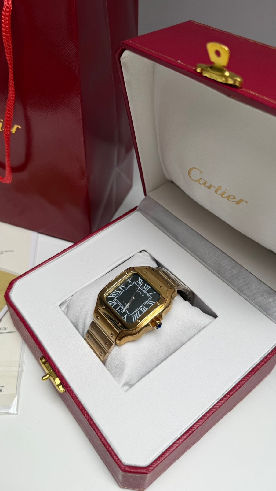 Cartier Santos de Cartier Black Dial Gold 40MM Horloge, Ophalen of Verzenden, Nieuw